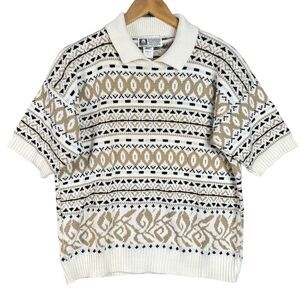 Vintage 90s Made in USA Short Sleeve Knit‎ Sweater L – Retro Geometric Pattern